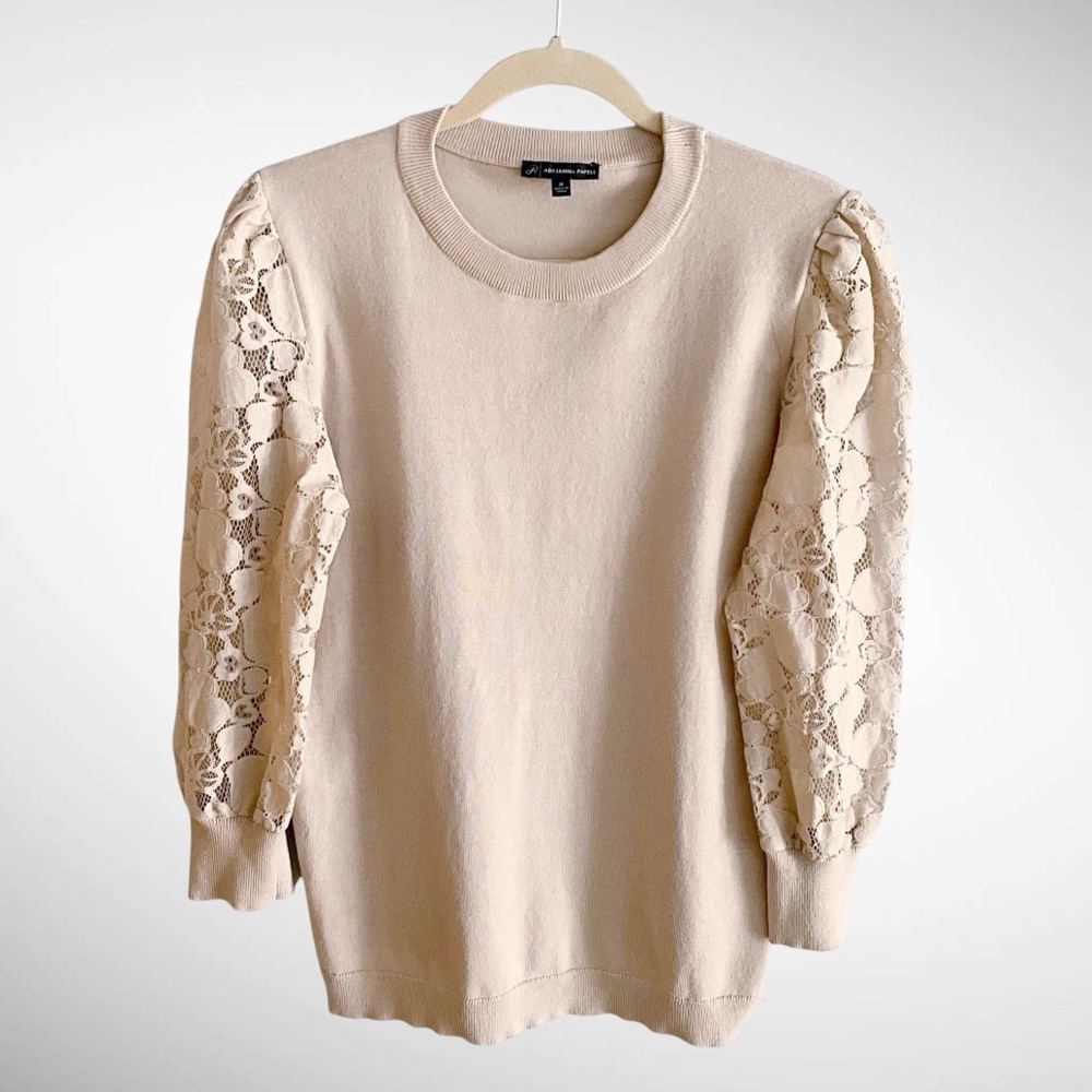 Adrianna Papell Champagne Pink Blush Pullover Crewneck Sweater Lace Sleeves